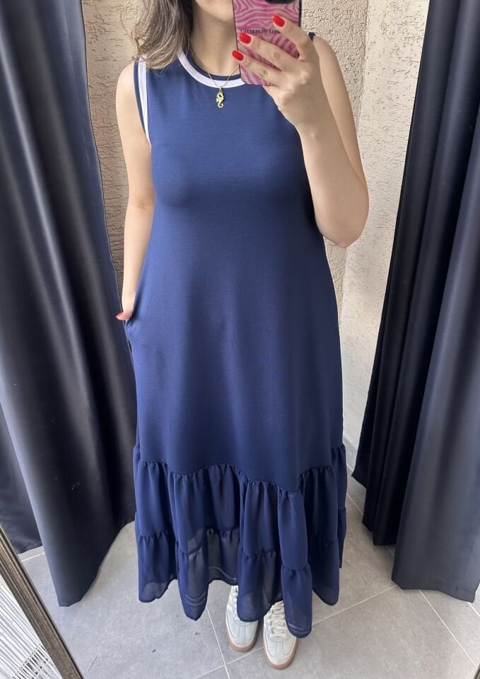 Ribanalı Lacivert Modal Elbise