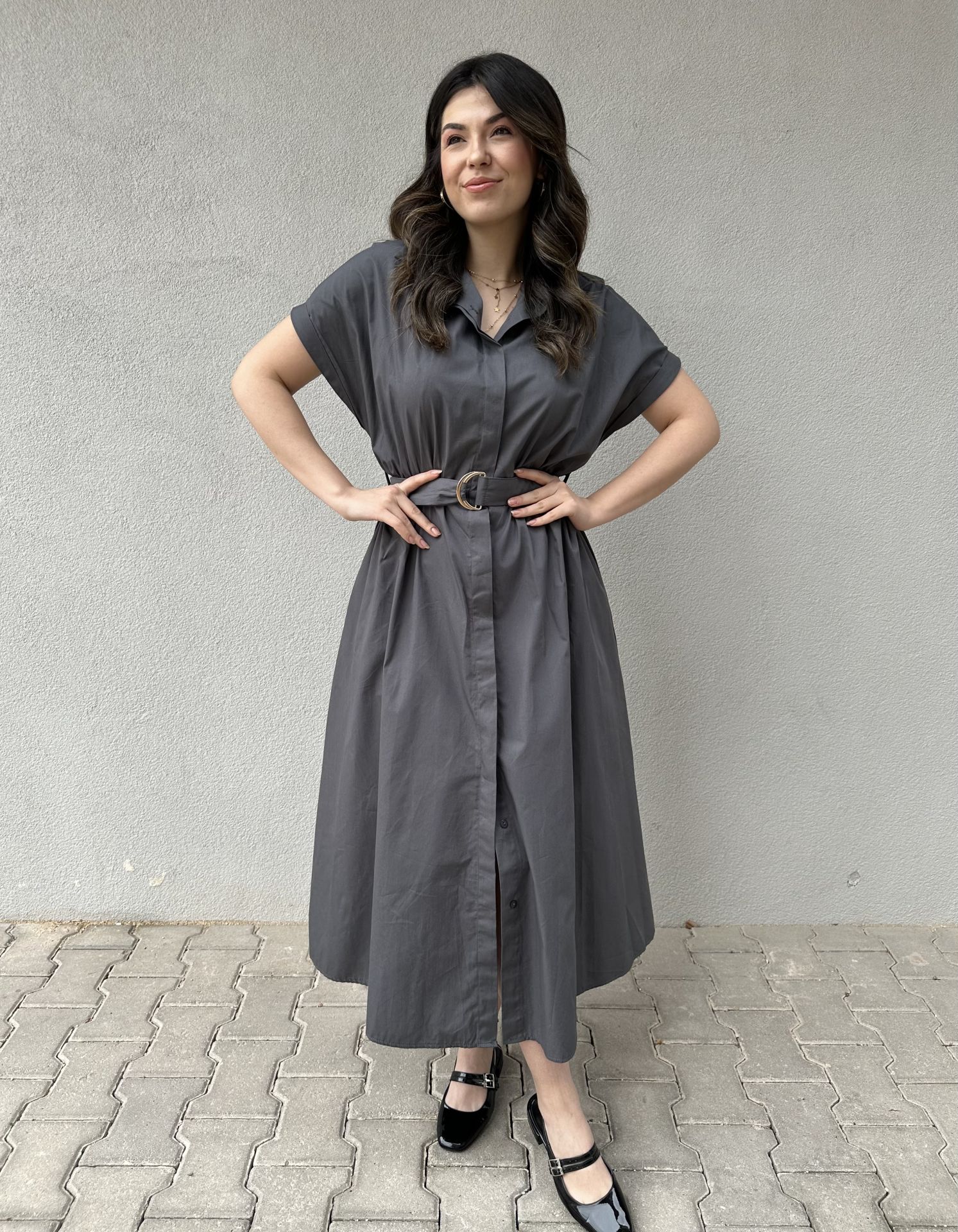 Kısa Kollu Kuşaklı Antrasit Elbise