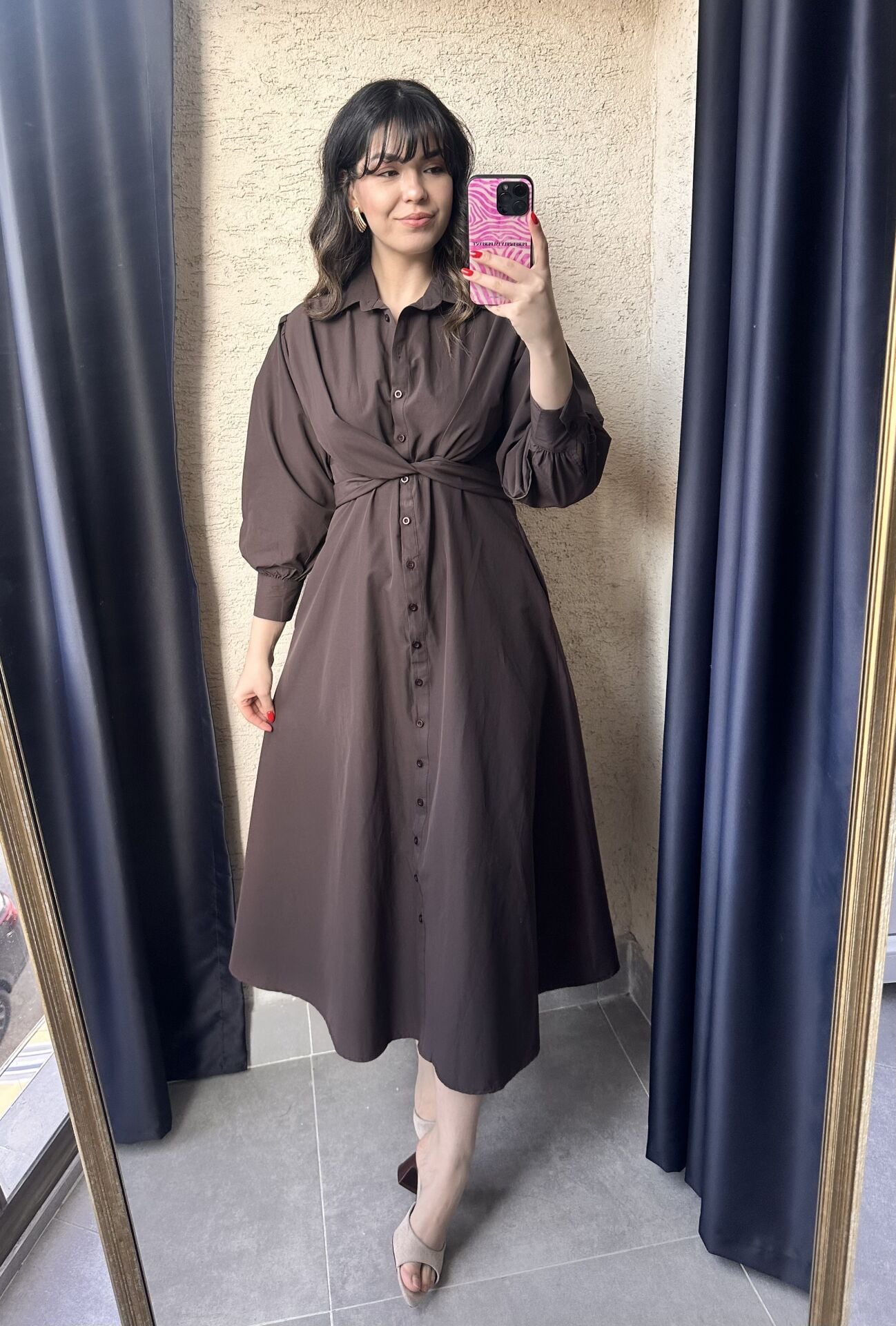 Kahve  Bağlama Detaylı Gömlek Elbise