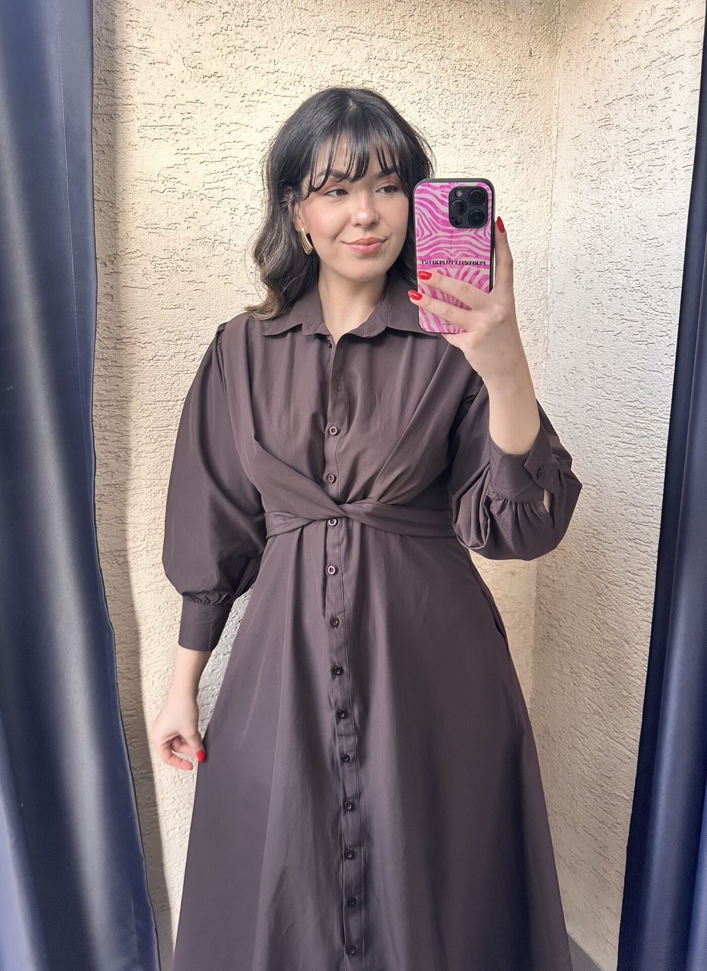 Kahve  Bağlama Detaylı Gömlek Elbise