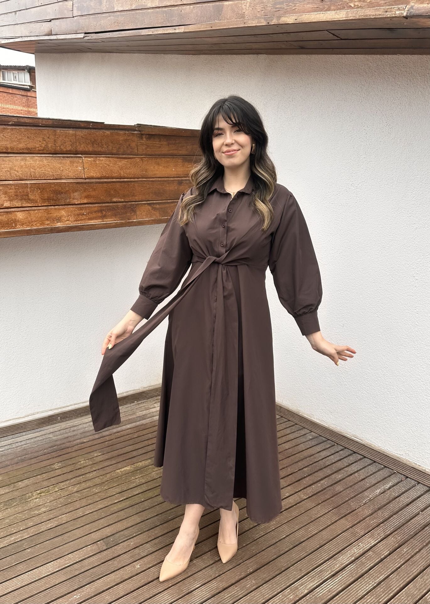 Kahve  Bağlama Detaylı Gömlek Elbise