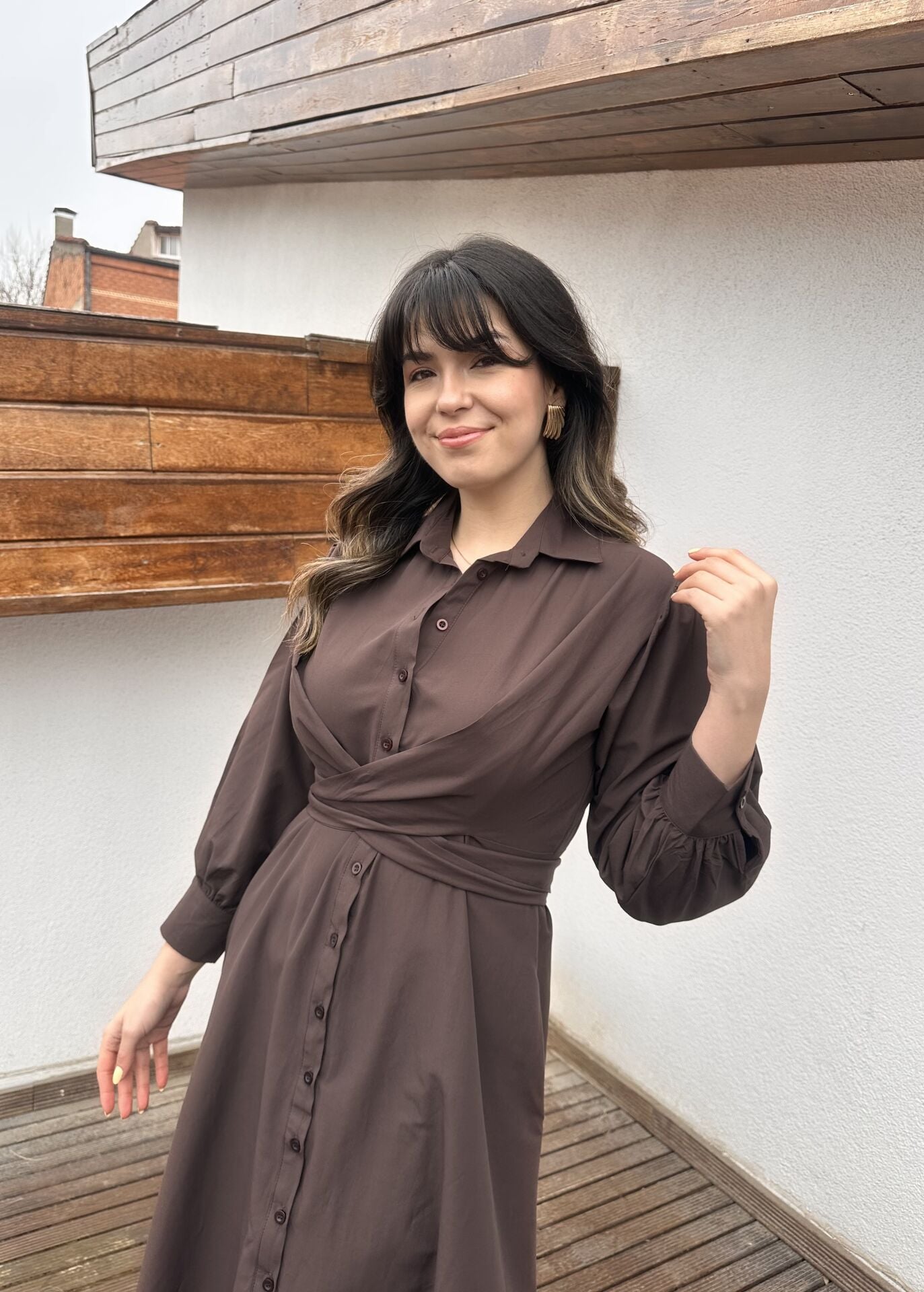 Kahve  Bağlama Detaylı Gömlek Elbise
