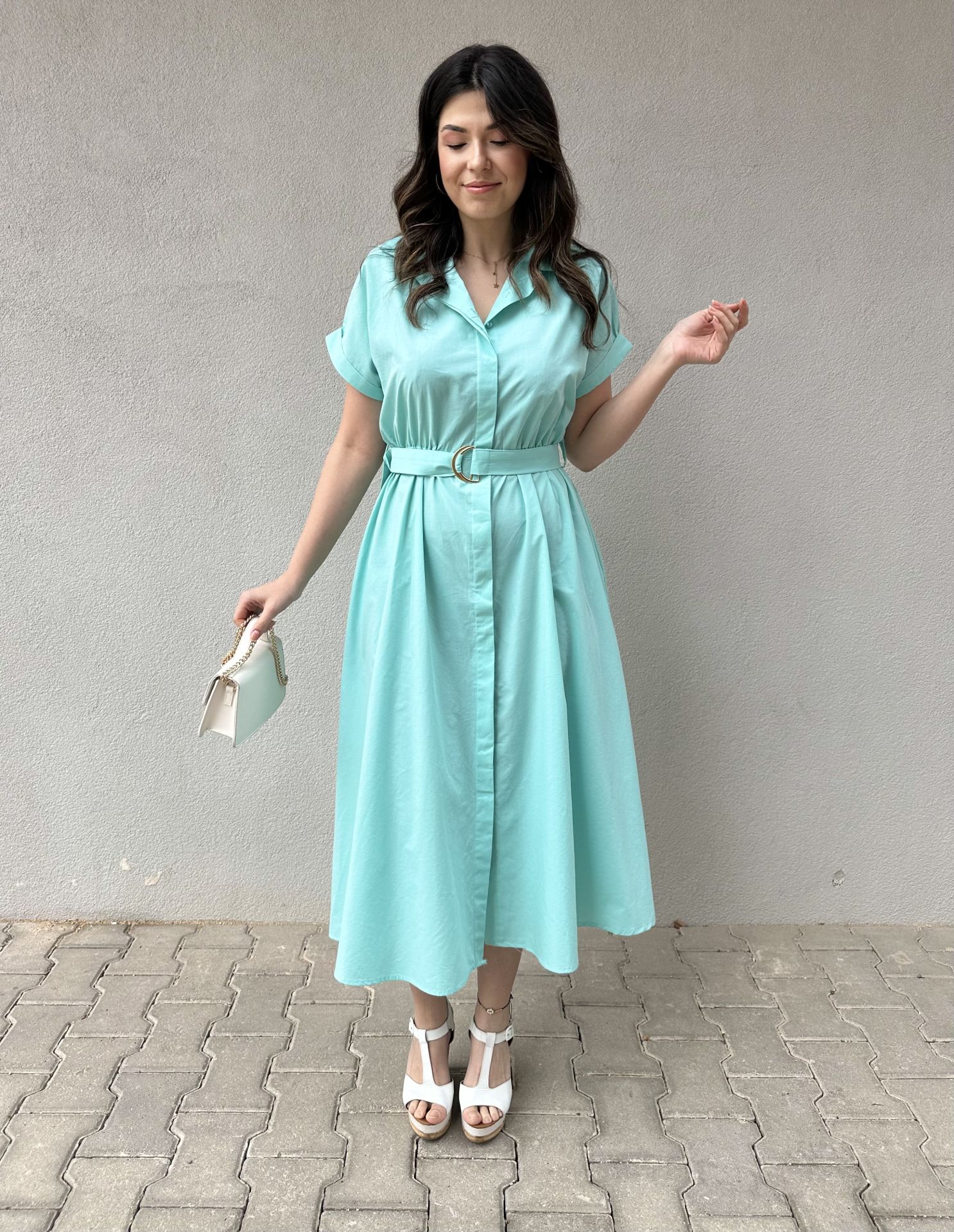 Kısa Kollu Kuşaklı Turkuaz Elbise