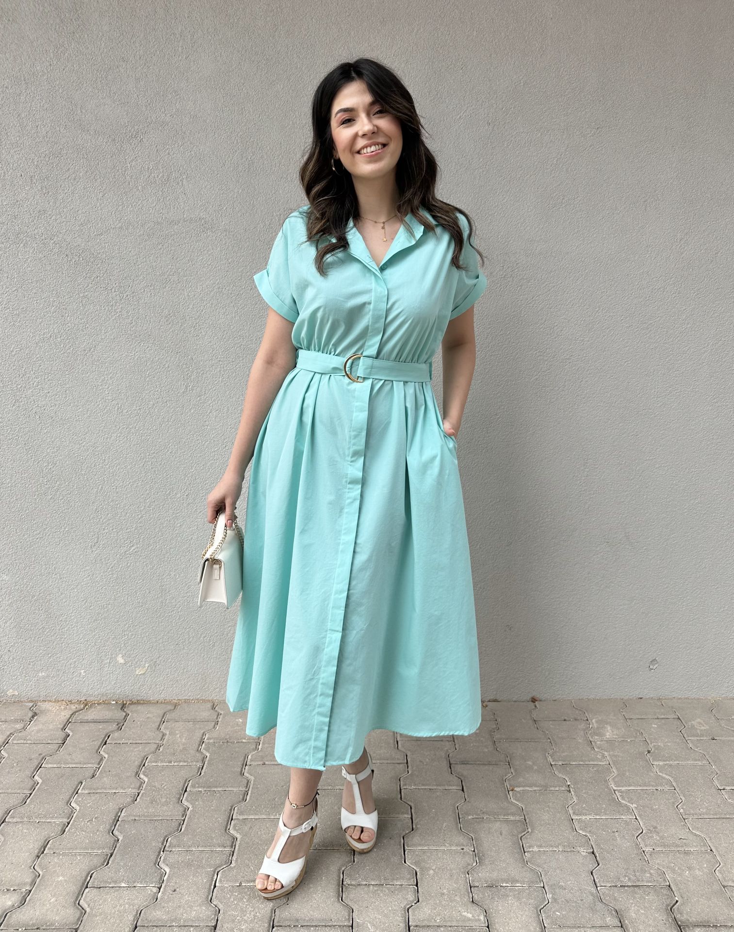 Kısa Kollu Kuşaklı Turkuaz Elbise