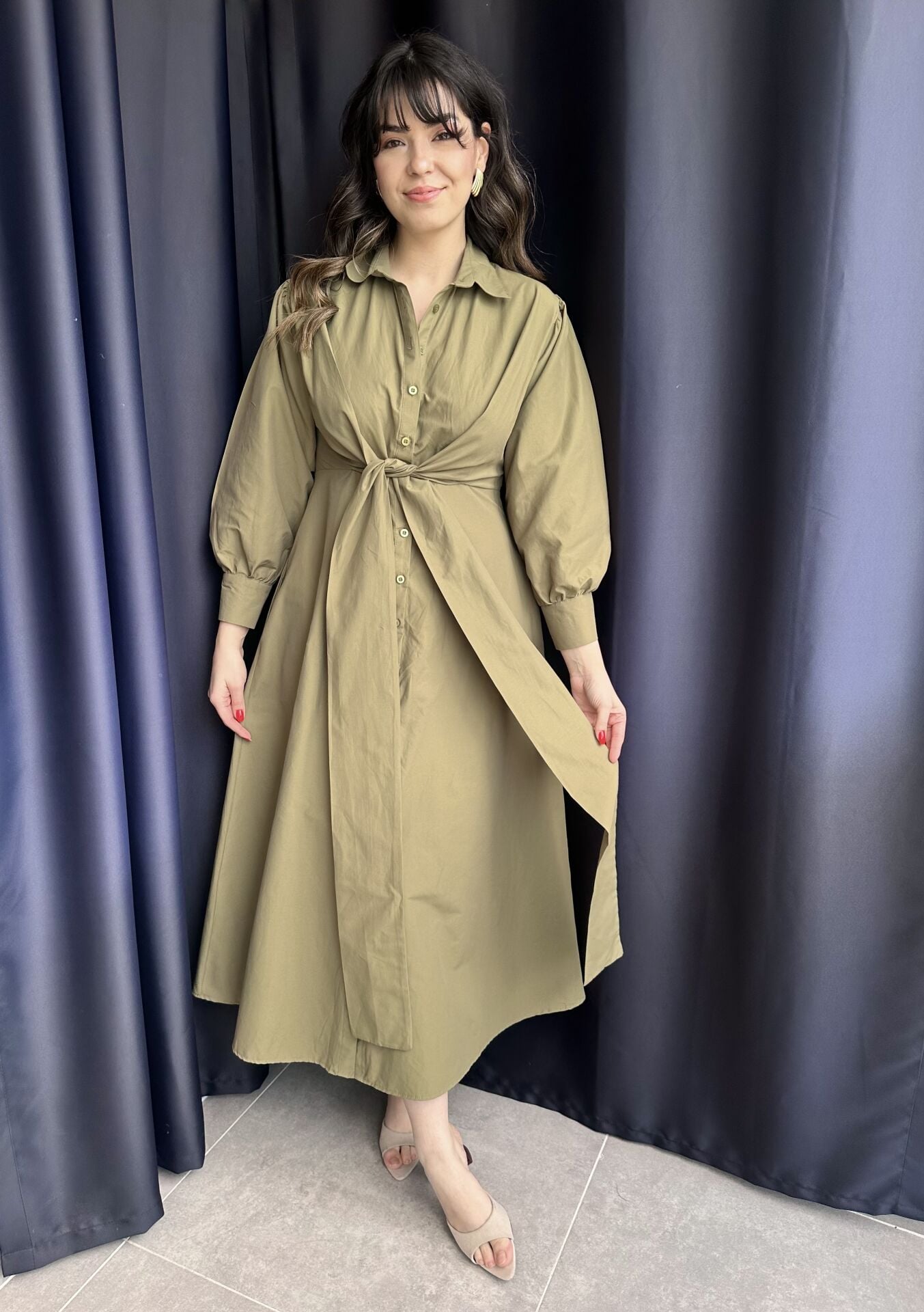 Haki Yeşili  Bağlama Detaylı Gömlek Elbise
