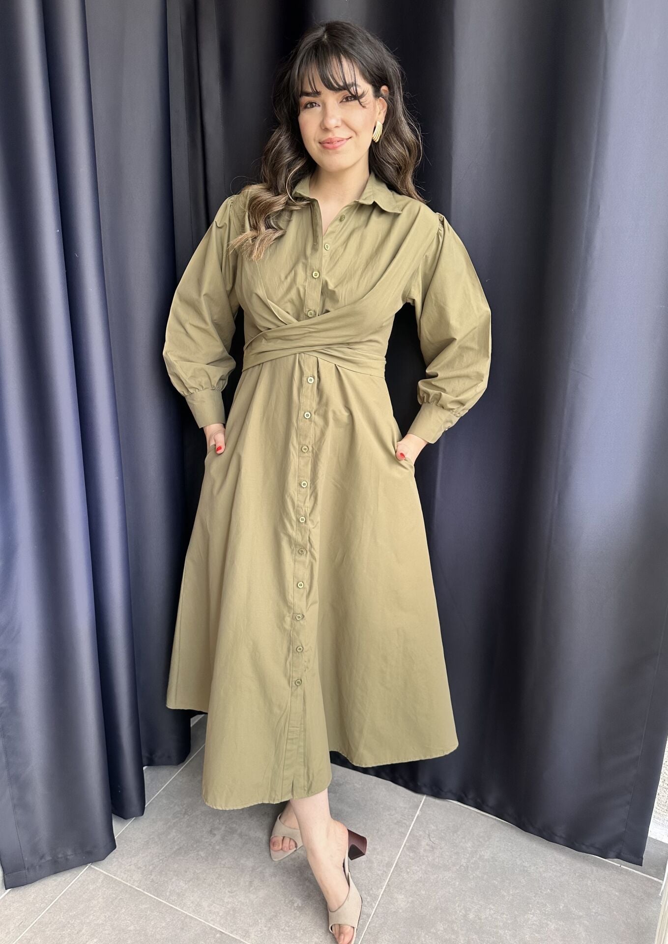 Haki Yeşili  Bağlama Detaylı Gömlek Elbise