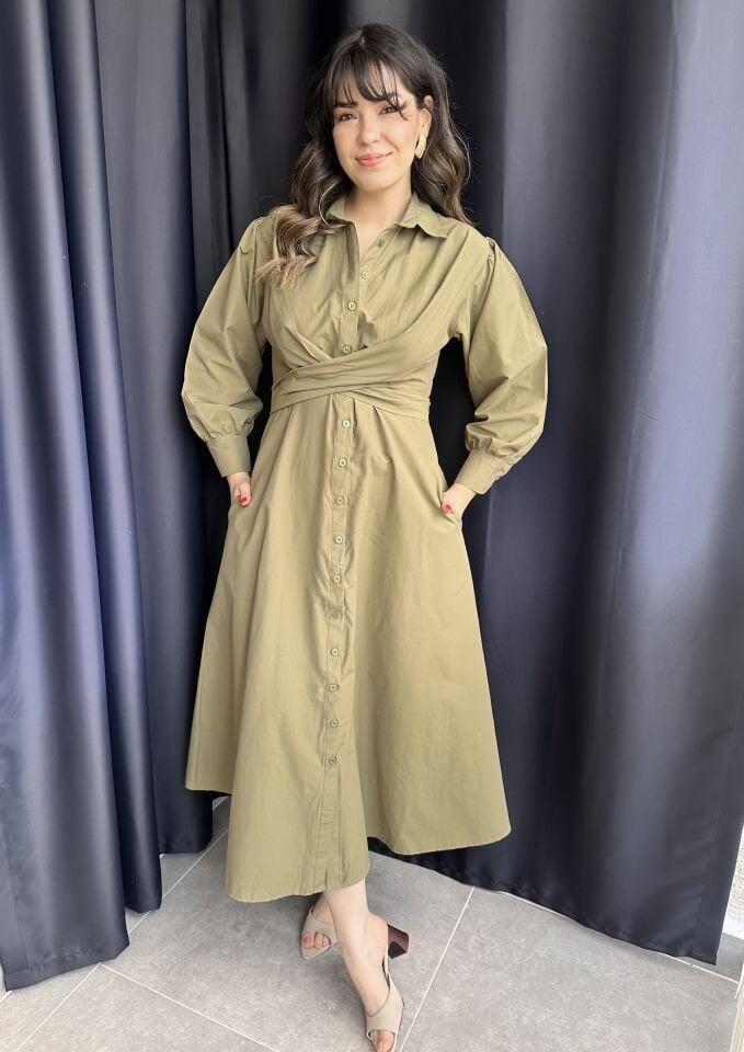 Haki Yeşili  Bağlama Detaylı Gömlek Elbise