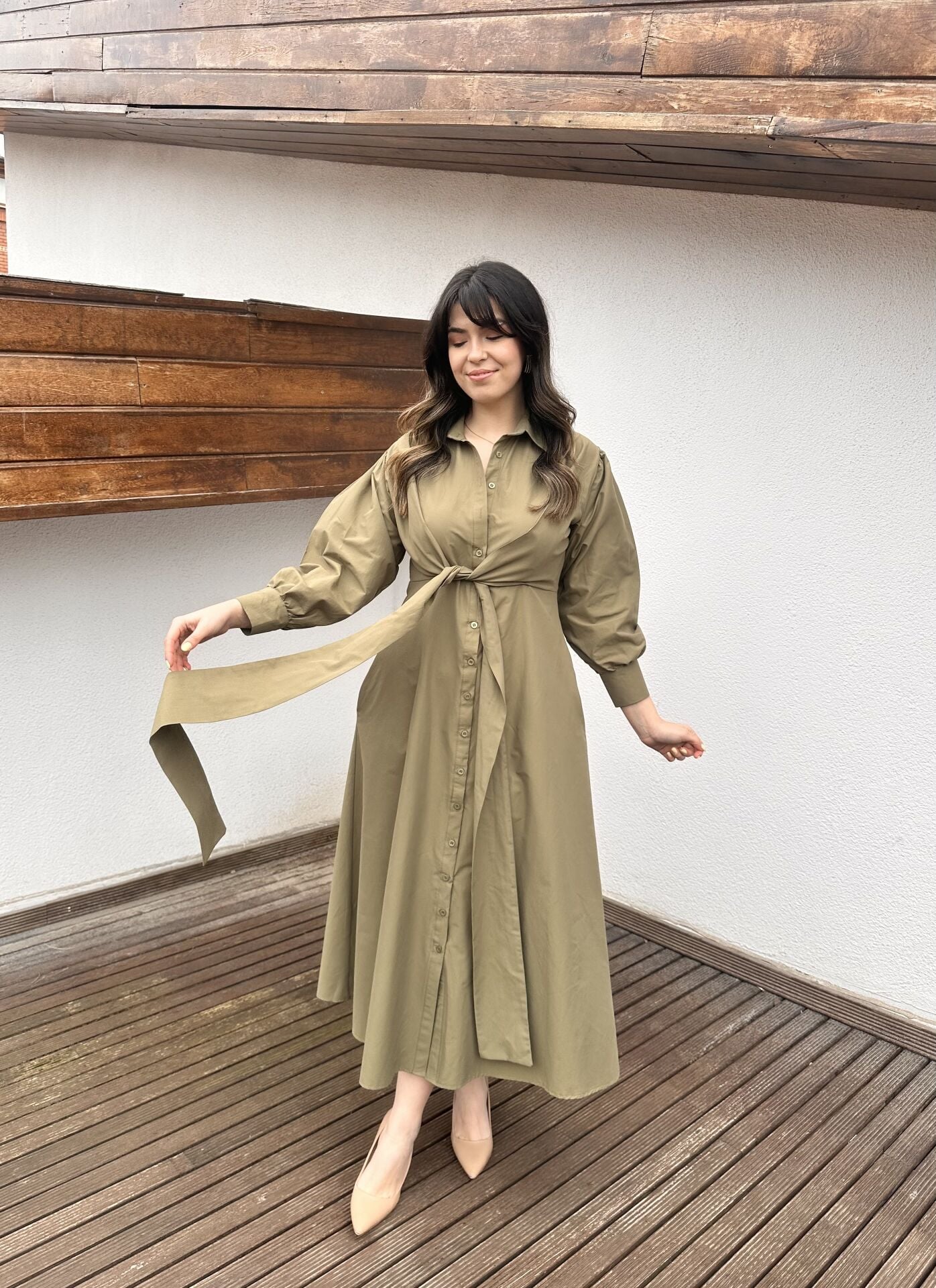 Haki Yeşili  Bağlama Detaylı Gömlek Elbise