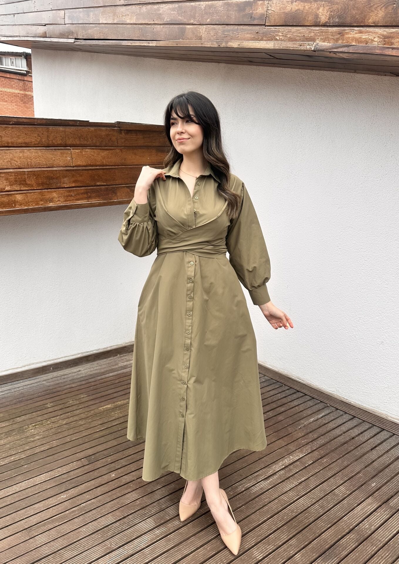 Haki Yeşili  Bağlama Detaylı Gömlek Elbise