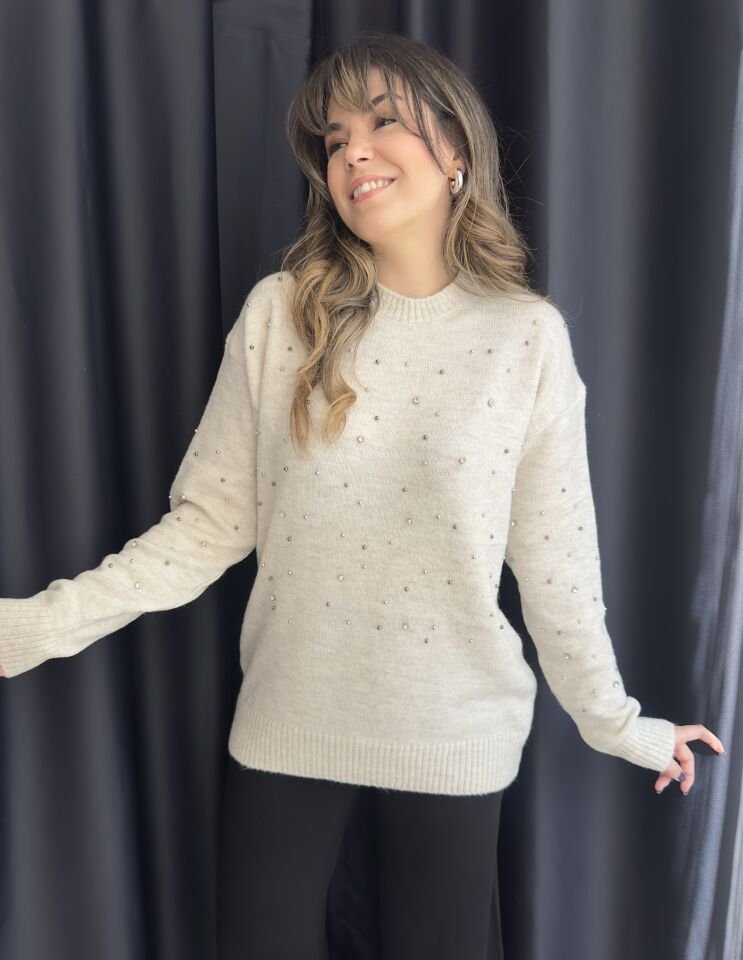 Bej Taşlı Boncuklu Kazak