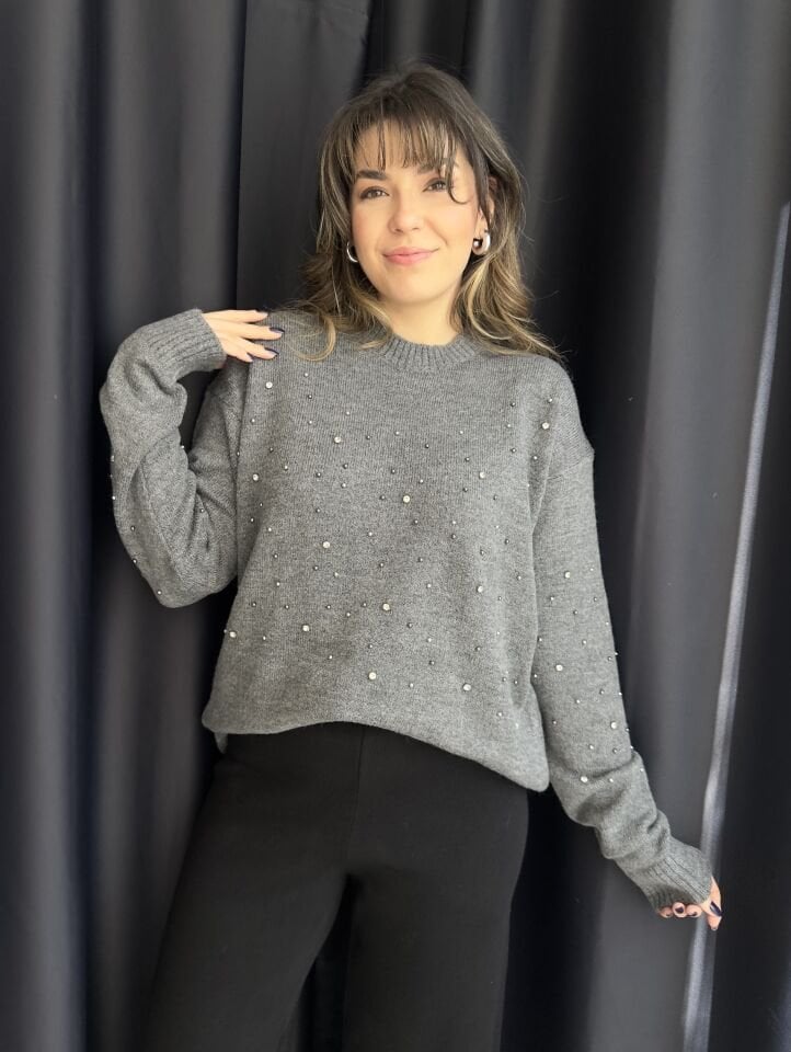 Antrasit Taşlı Boncuklu Kazak