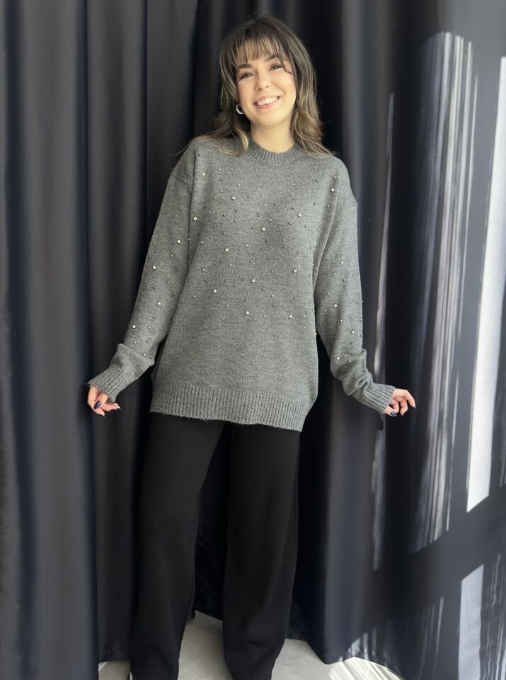 Antrasit Taşlı Boncuklu Kazak