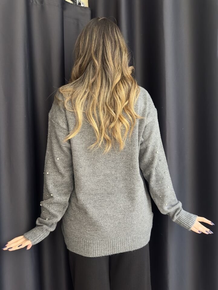 Antrasit Taşlı Boncuklu Kazak