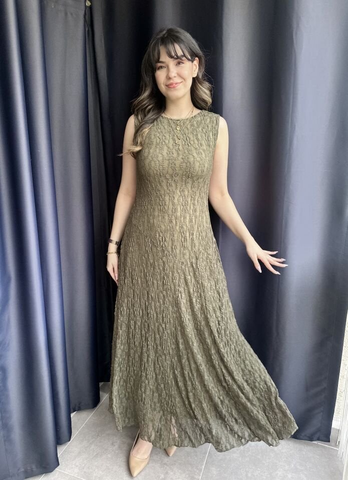Haki Yeşili Dantel Elbise