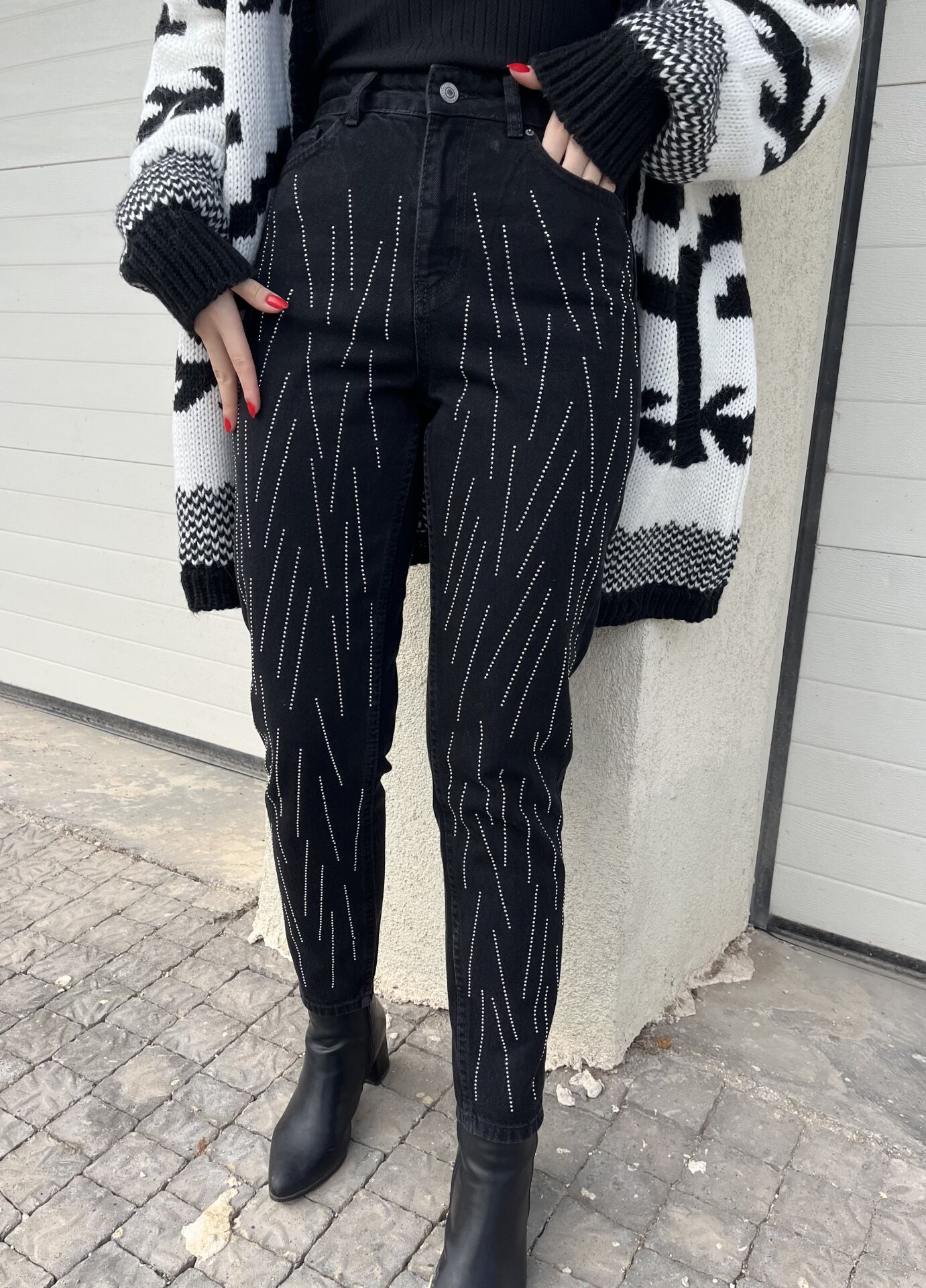 Taşlı Antrasit Mom Jean