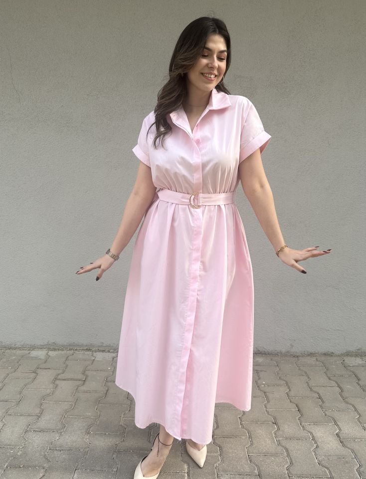 Kısa Kollu Kuşaklı Toz Pembe Elbise