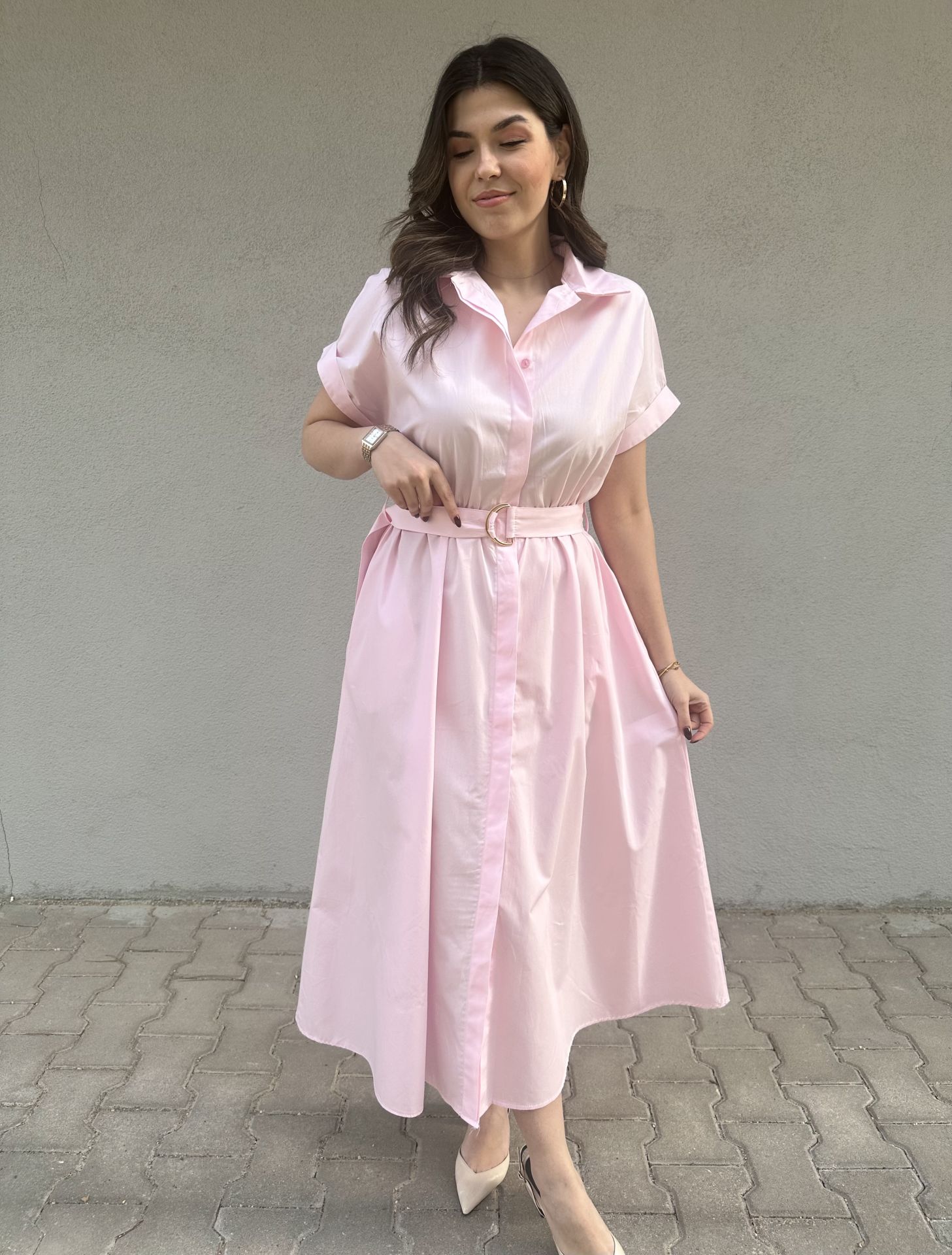 Kısa Kollu Kuşaklı Toz Pembe Elbise
