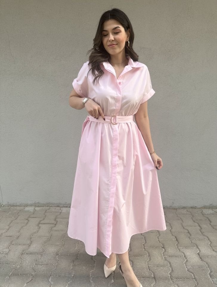 Kısa Kollu Kuşaklı Toz Pembe Elbise
