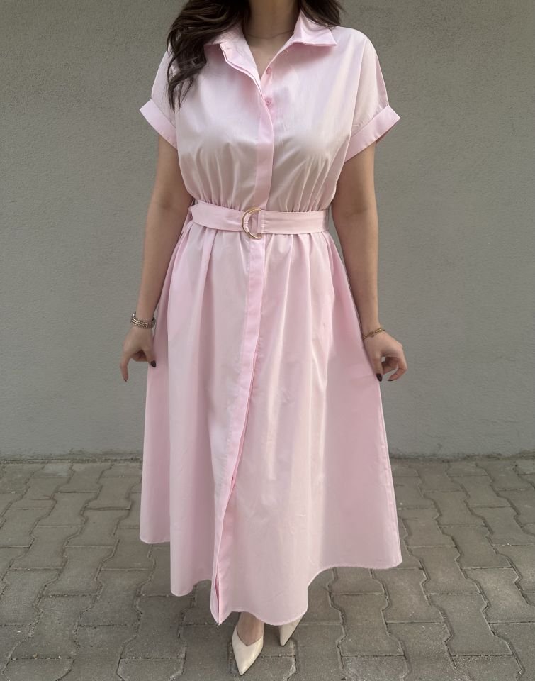 Kısa Kollu Kuşaklı Toz Pembe Elbise