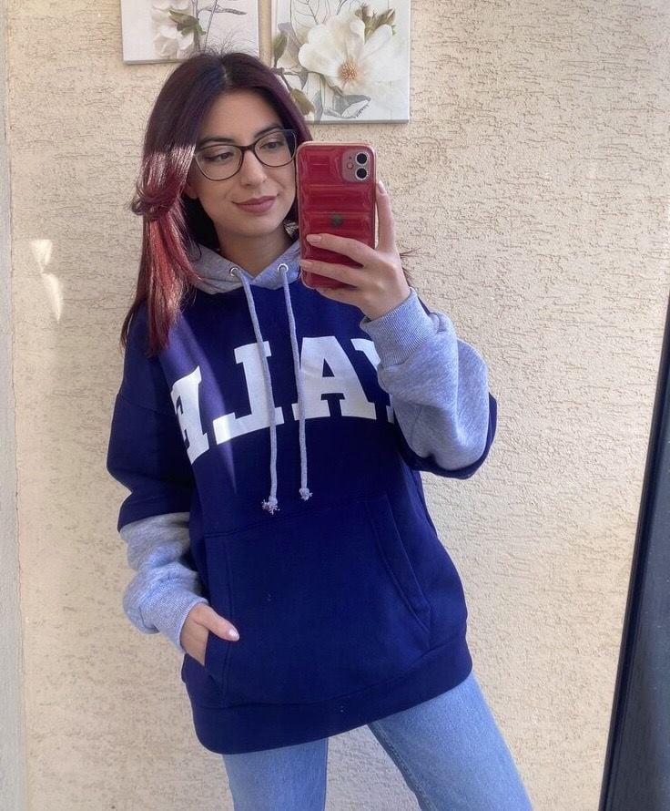 Yazılı Gri-Lacivert Kapüşonlu Sweatshirt