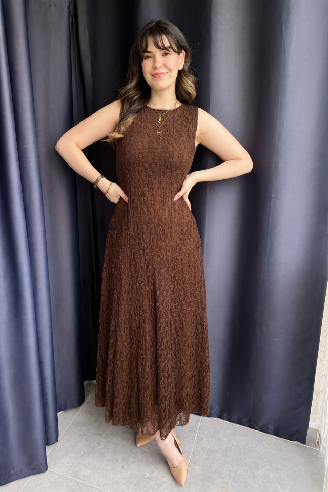 Kahverengi Dantelli Elbise