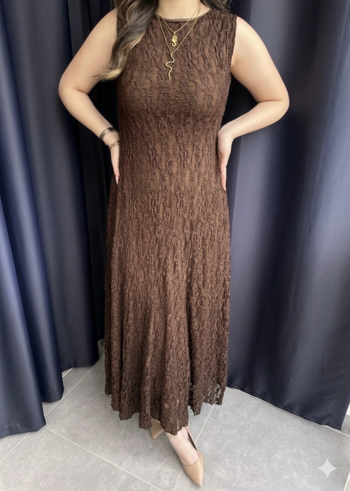 Kahverengi Dantelli Elbise