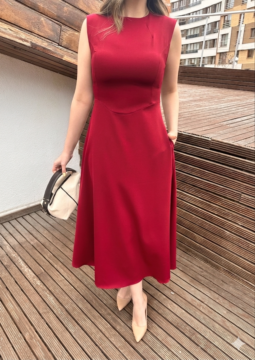 Kalira Belden Oturtmalı Kırmızı  Elbise