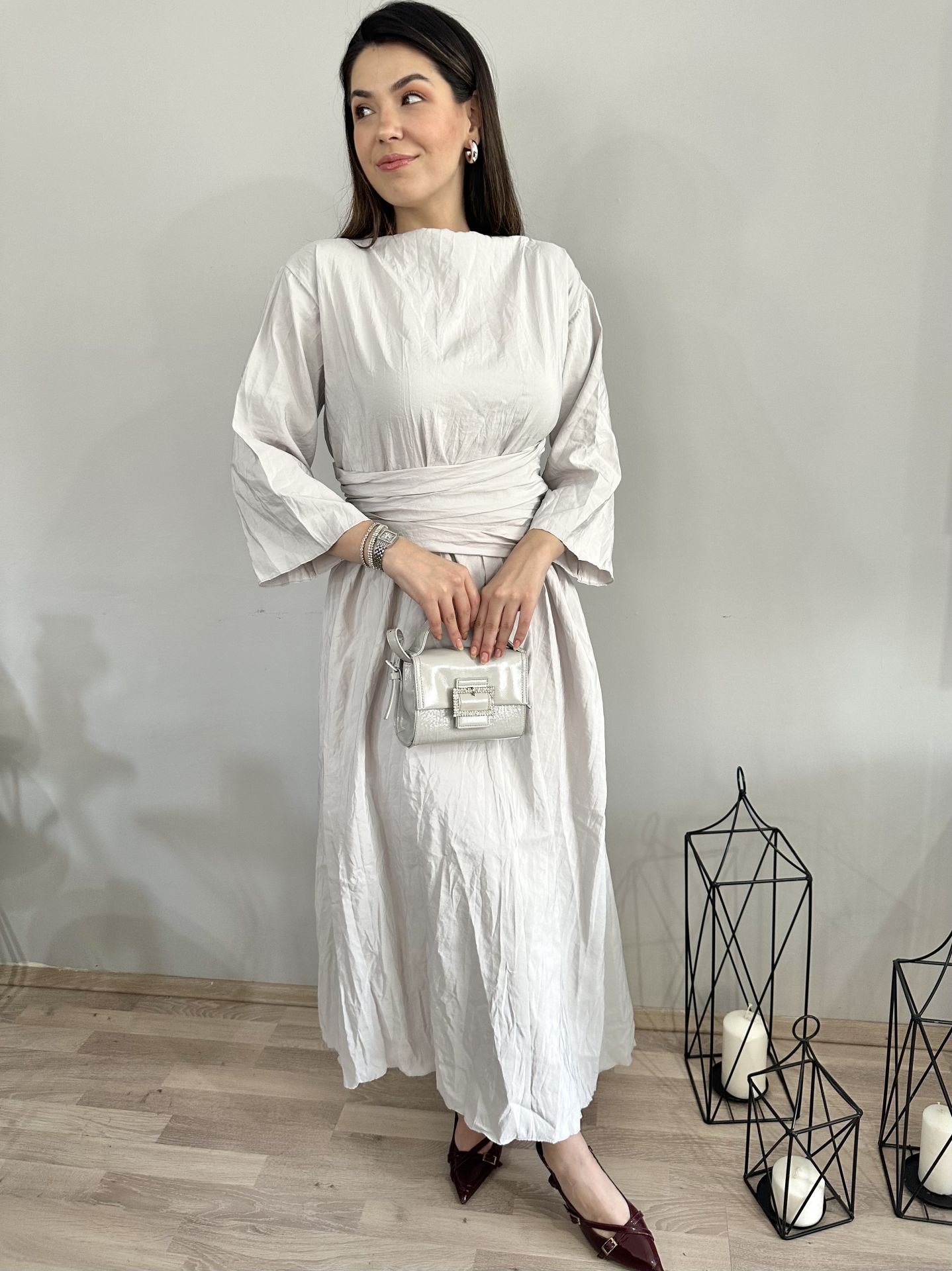 Massimo Kırışık Açık Gri Asimetrik Elbise