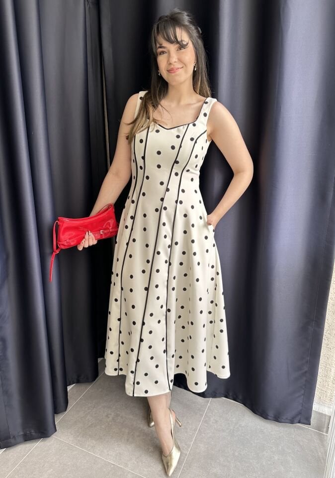 Kalın Askılı Puantiyeli Kalp Yaka Elbise