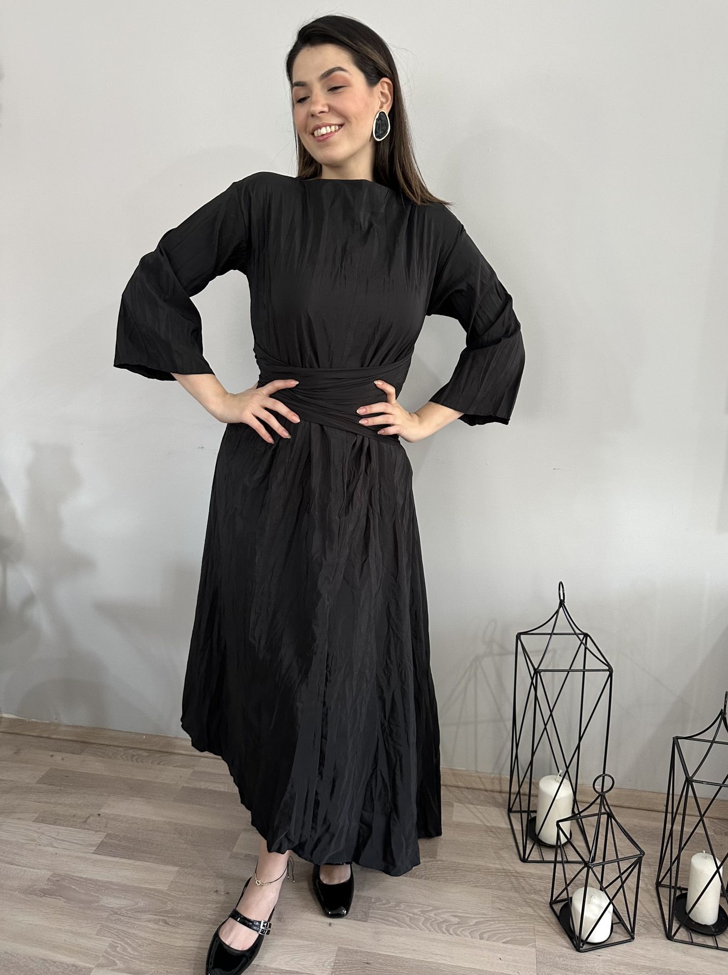 Massimo Kırışık Siyah Asimetrik Elbise