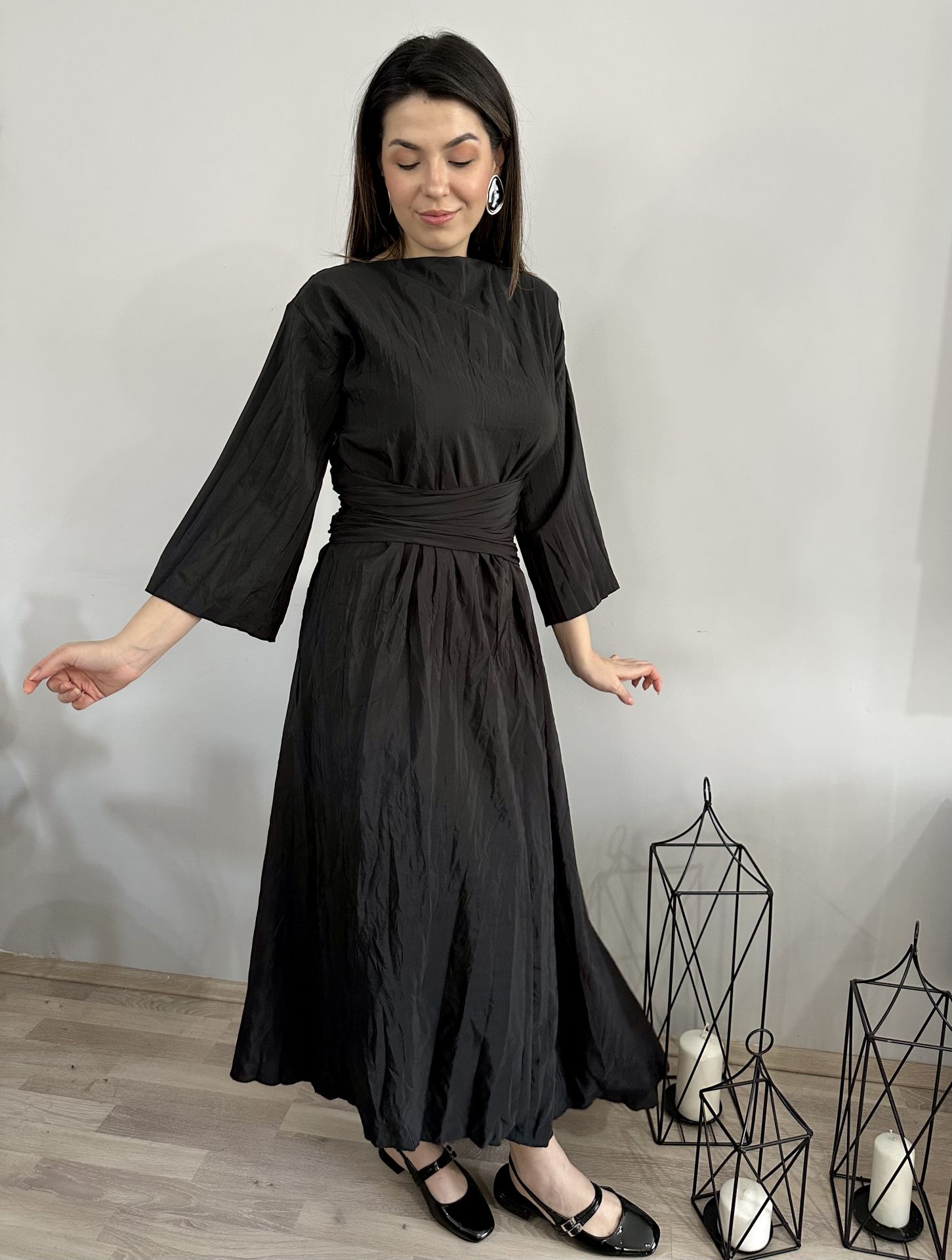 Massimo Kırışık Siyah Asimetrik Elbise