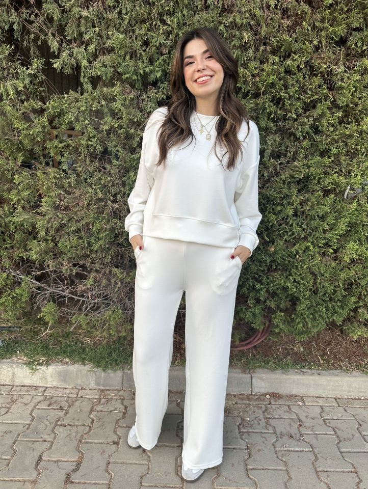 Beyaz  Modal  Uzun Kollu Sweat Pantolon Takım