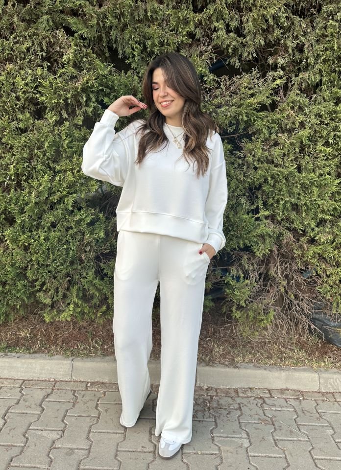 Beyaz  Modal  Uzun Kollu Sweat Pantolon Takım