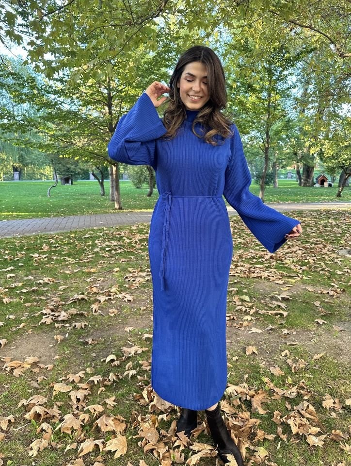 Dora Kuşaklı Fitilli Elbise Saks Mavisi