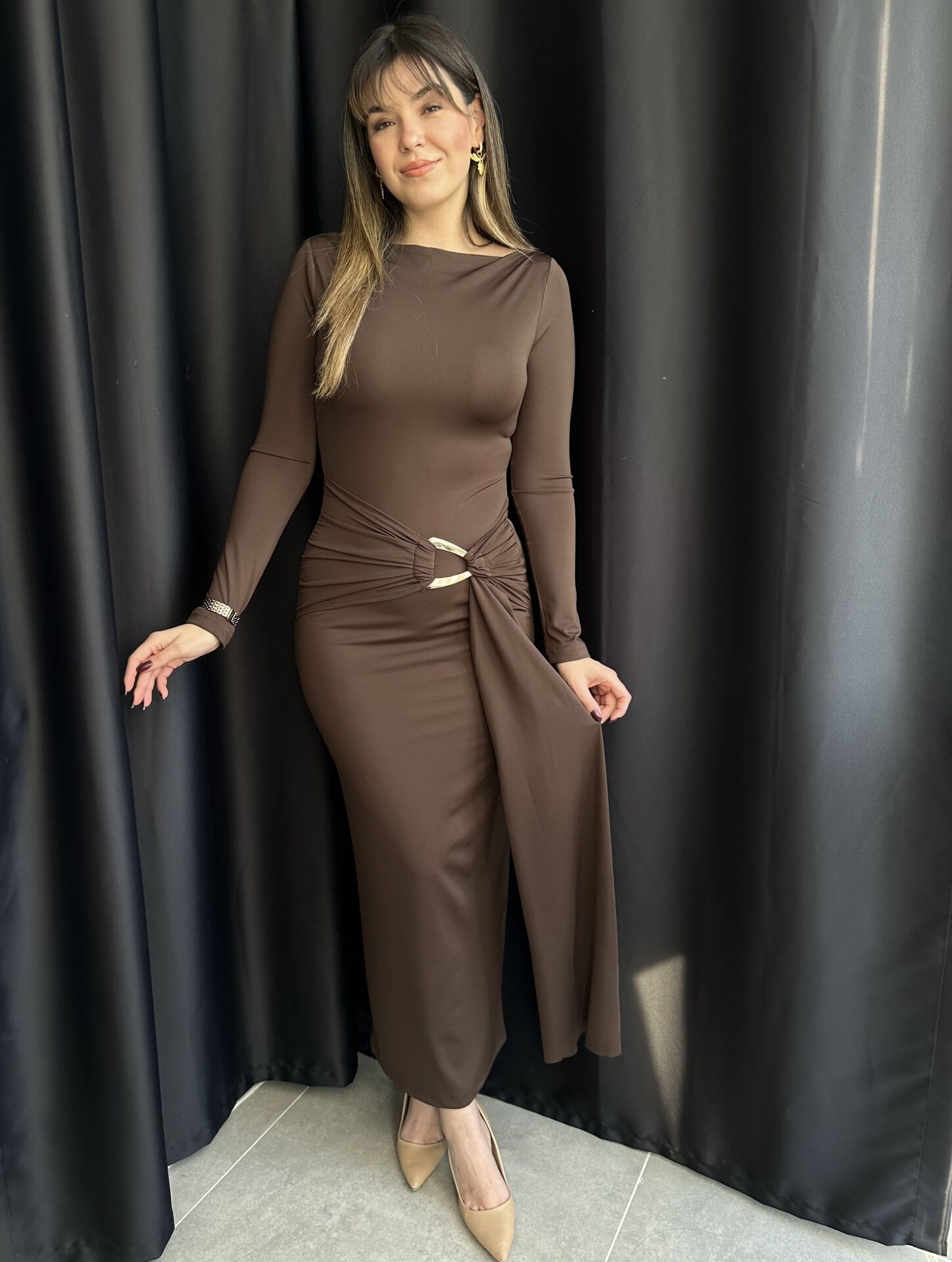 Gold Tokalı Drapeli Kahve  Elbise