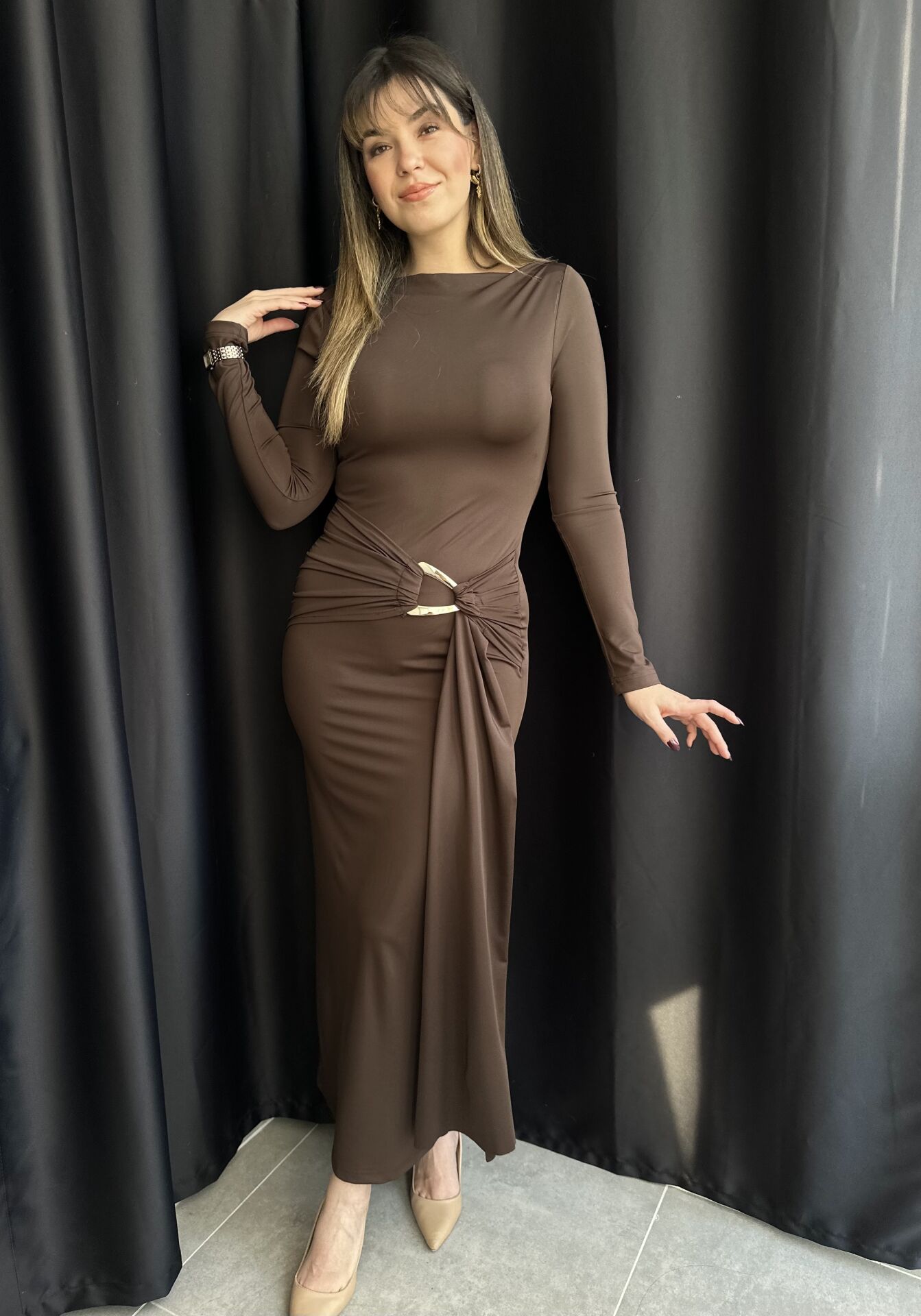 Gold Tokalı Drapeli Kahve  Elbise