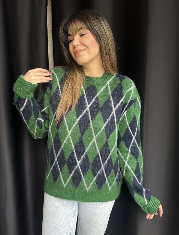 Yeşil-Lacivert Mini Baklava Desen Kazak