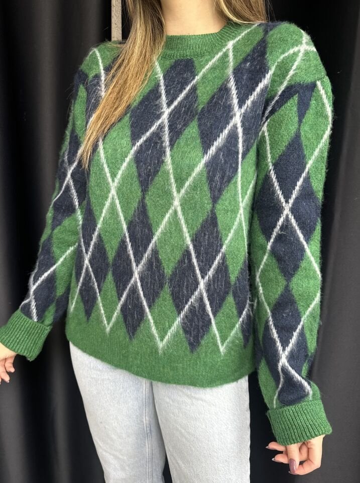 Yeşil-Lacivert Mini Baklava Desen Kazak