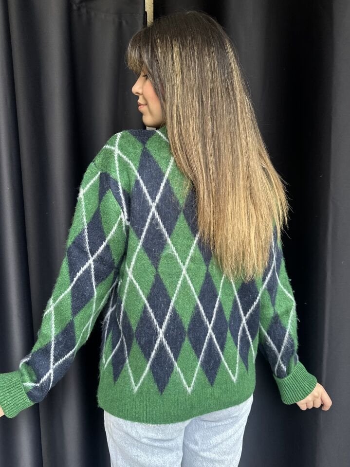 Yeşil-Lacivert Mini Baklava Desen Kazak