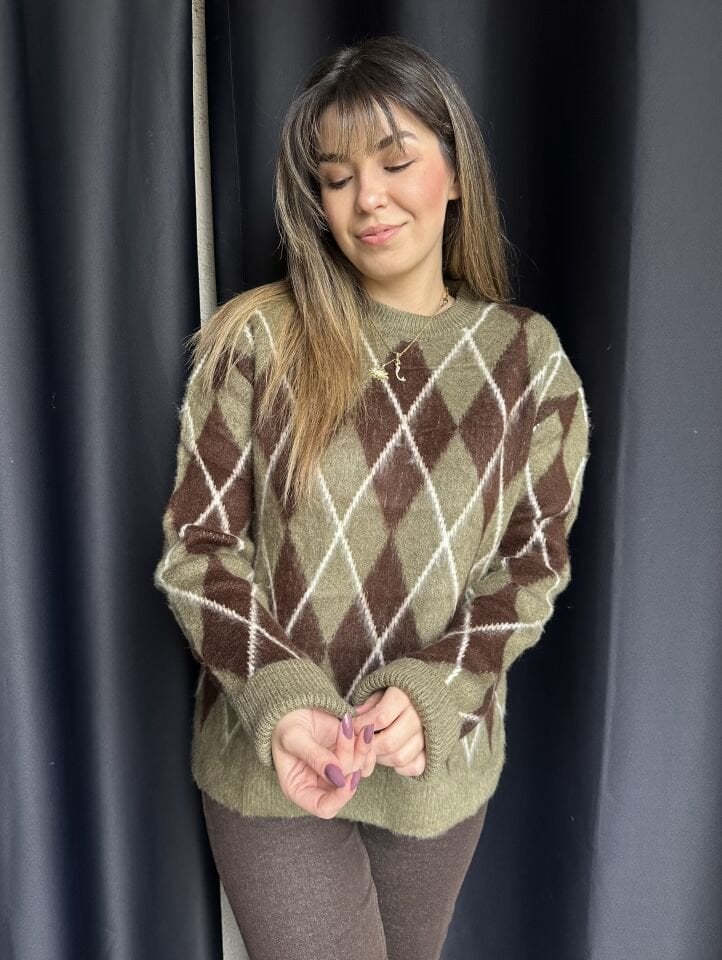 Haki-Kahve Mini Baklava Desen Kazak