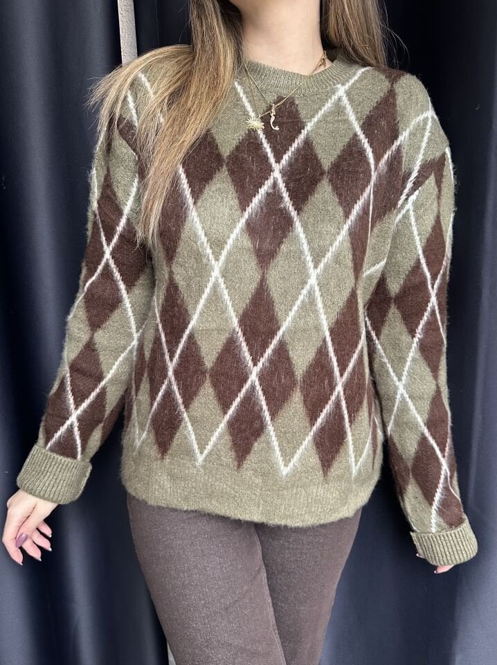 Haki-Kahve Mini Baklava Desen Kazak