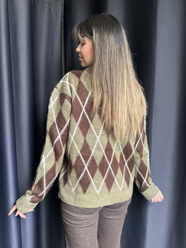 Haki-Kahve Mini Baklava Desen Kazak