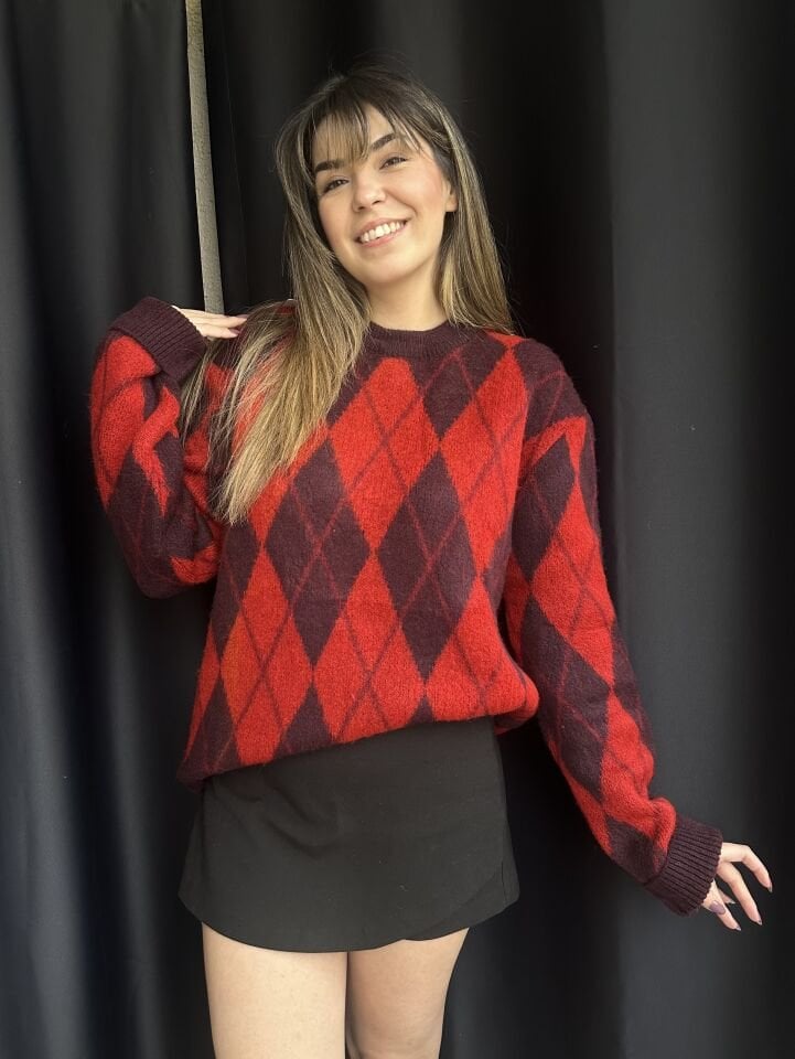 Bordo-Kırmızı Mini Baklava Desen Kazak