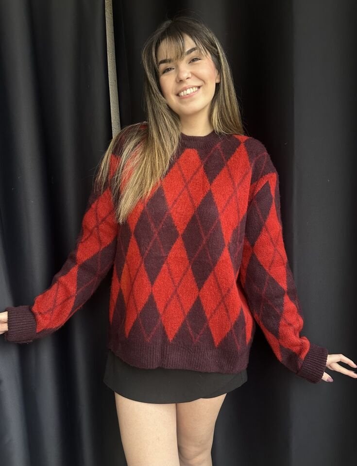 Bordo-Kırmızı Mini Baklava Desen Kazak