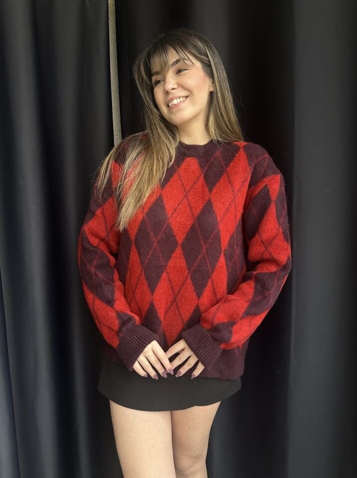 Bordo-Kırmızı Mini Baklava Desen Kazak