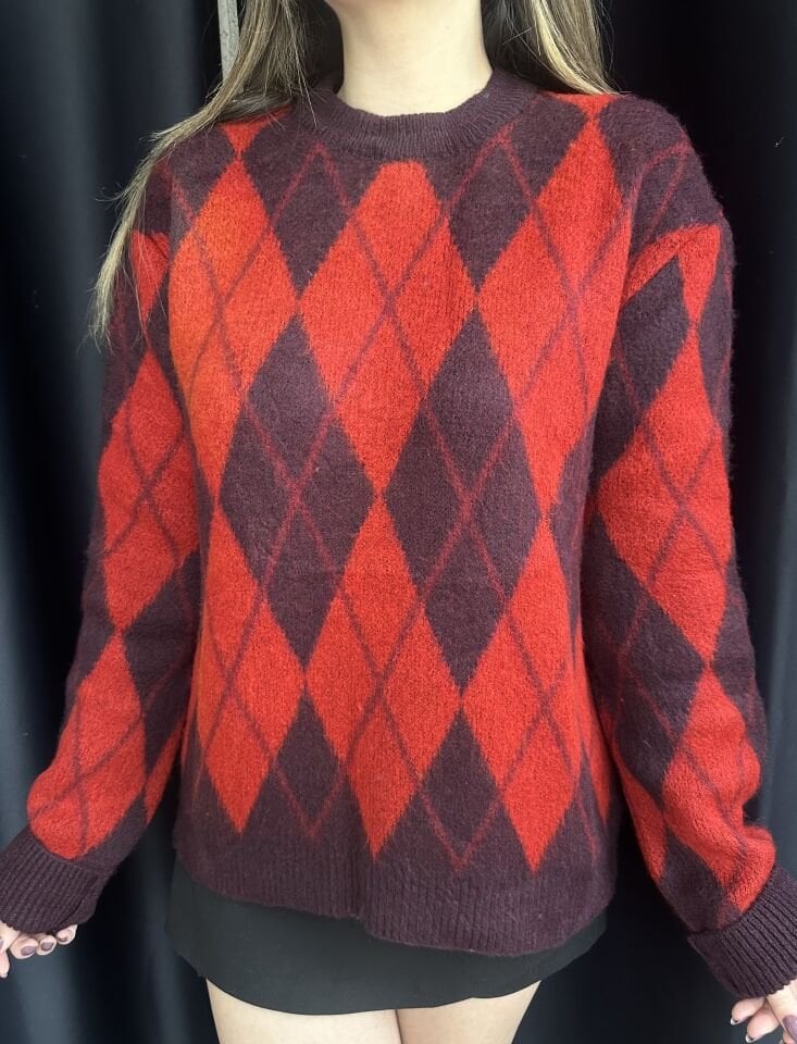 Bordo-Kırmızı Mini Baklava Desen Kazak