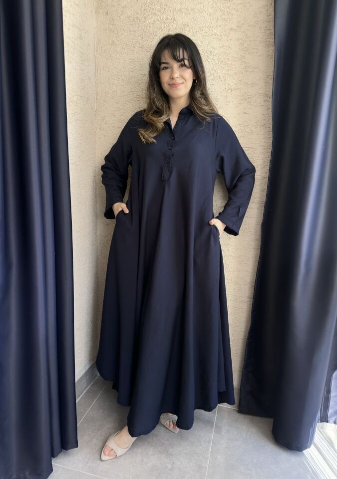 Lacivert Pile Maxi Elbise
