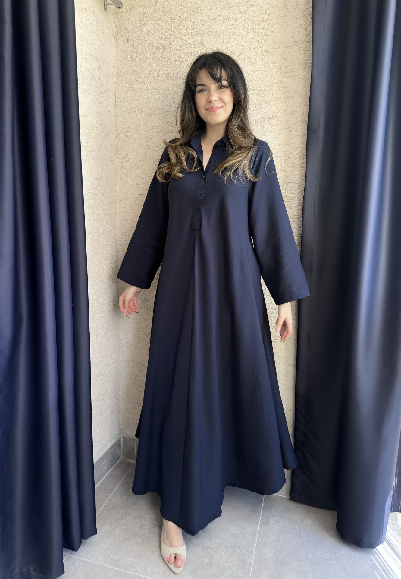 Lacivert Pile Maxi Elbise