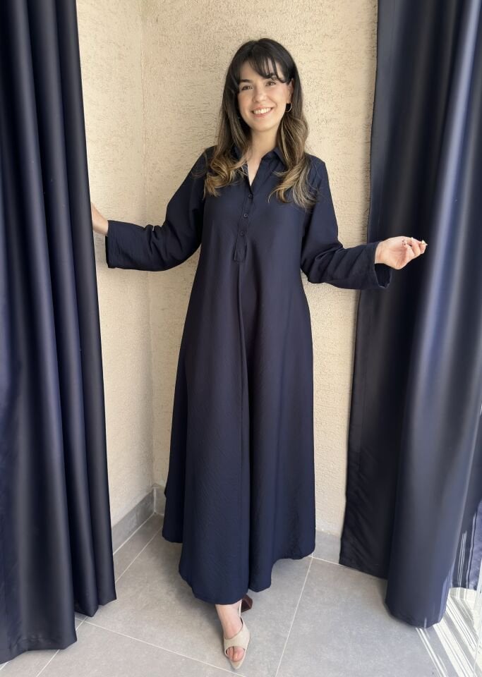 Lacivert Pile Maxi Elbise