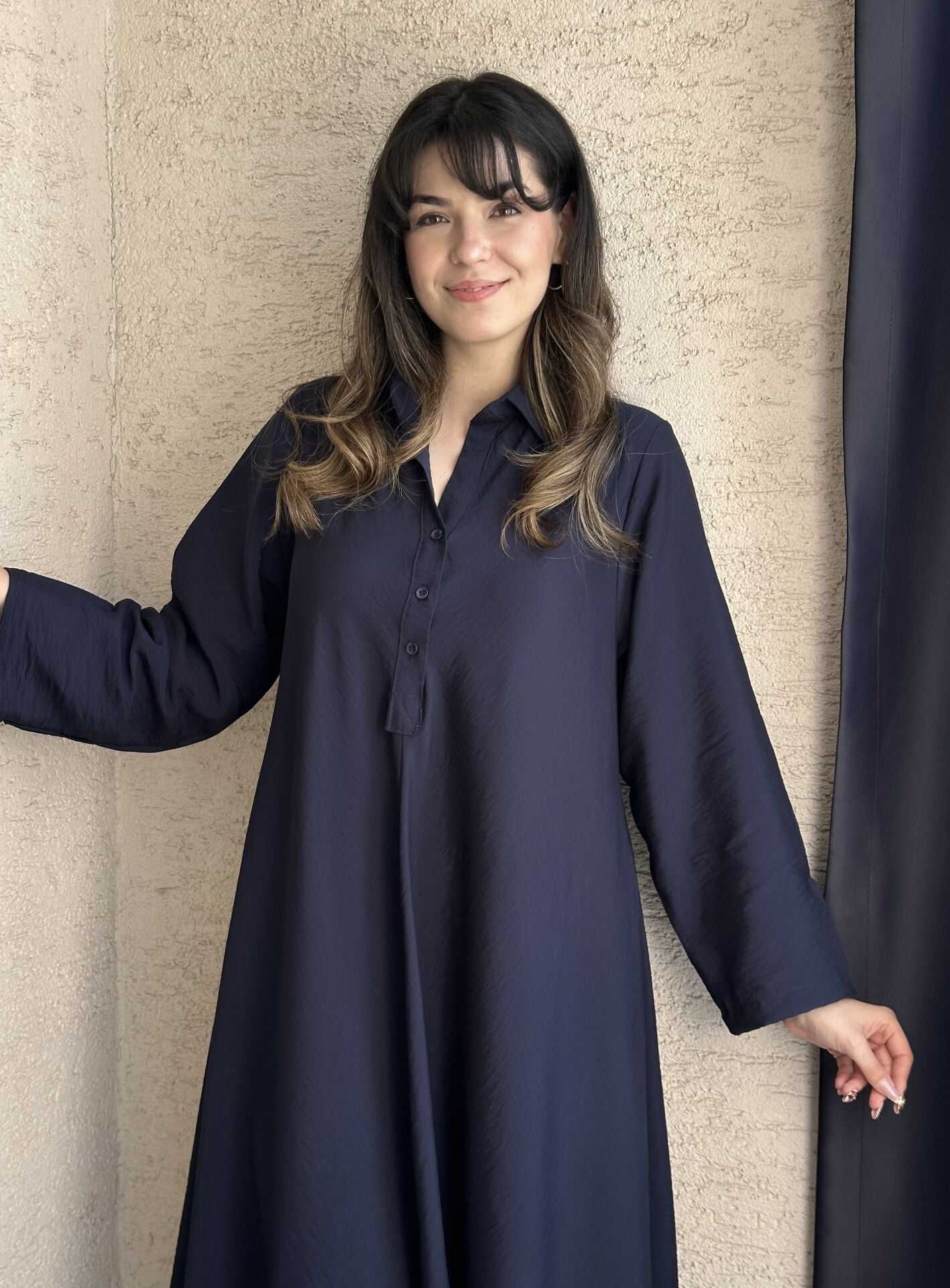 Lacivert Pile Maxi Elbise